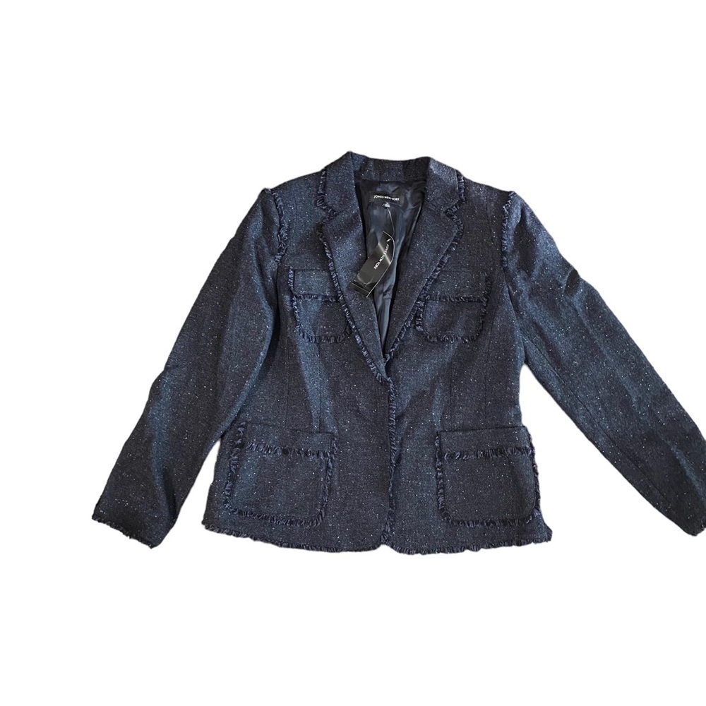 New Jones New York Size 14 Wool Blend Charcoal Blazer Tweed Ruffle Career NWT